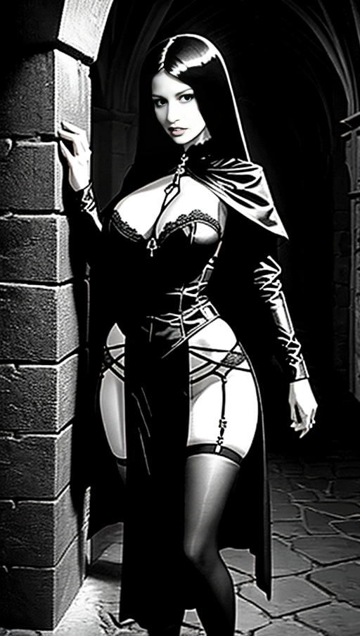 bound slave girl in a skimpy sheer outfit in medieval castle. 48 inch chest. 40 inch waist. 48 inch hips. Dark. Goth. Black light. Very large chest, A striking image of a dark, gothic slave girl in a skimpy sheer outfit, standing in an eerily lit medieval castle. The girl has a very large chest, with measurements of 48 inches, a 40 inch waist, and 48 inch hips. Her outfit consists of a sheer, black, lace covered bra and skirt, with artfully tied rope restraints. The neon lights cast a vivid glow on the slave, who exudes an aura of mystery and seduction. The castle background is shrouded in darkness, with only the slave girl illuminated by the black light