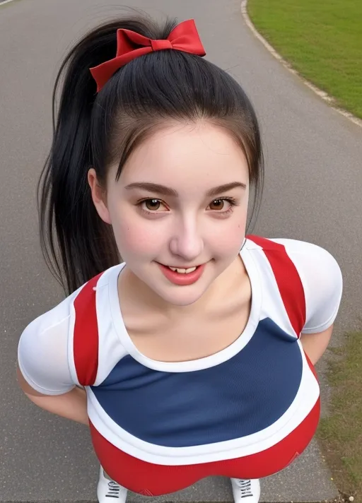 a cute 19 year old girl is standing on the doorstep, (highly detailed face), sharp focus, slightly chubby, perspective from above her, she gives a shy and sexy smile, she is biting her lower lip, she is posing awkwardly in a classic cheerleaders outfit, her knees are slightly turned inwards, her hair is in a ponytail, her hair is natural, she has an ordinary look without makeup, ((she is holding a donation tin)), perfectly proportioned eyes, her hands are proportioned perfectly with four fingers and and a thumb on each, perfect mouth