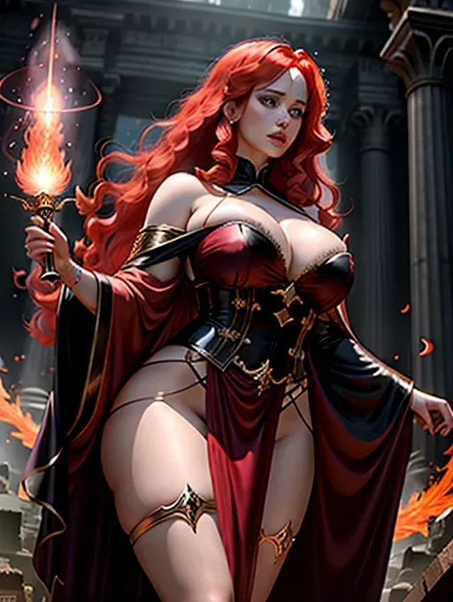 beautiful confident Christina Hendricks as Circe a powerful witch, summoning eldritch arcane forces, brandishing a flaming dagger, in a ruined ancient temple, wearing sheer silk robe, Glorious mane of red hair, five fingers per hand, long hair, beautiful face, beautiful lips, curved eyebrows, curved eyelid, pale skin, epic. surreal, smooth, pixiv, studio lighting, cinematic lighting, shouting a spell of terrible destruction