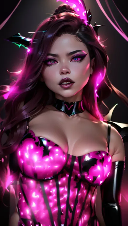 best quality, (((ultra high res))), (detailed face and eyes), perfect boobs, perfect body, (full latex bodysuit), giant magical necklace, pink magic force, ((corruption)), (((((long and thin black succubus tail with glowing heart at the end))))), purple latex gloves, giant choker, (pink glowing heart),(((Ashley Moore succubus with darkbrown curly hair))), ((((magic love spell)))), ((glowing heart on skin)), (fishnet), ((venomized)), (female symbiote), jewelry, collar, ((hair covers half of the face)), ((on bed)), brown eyes, (heart on pussy), giant heart on belly button, heart on stomach, purple latex legs, from behind, ((((latex covers whole body))))