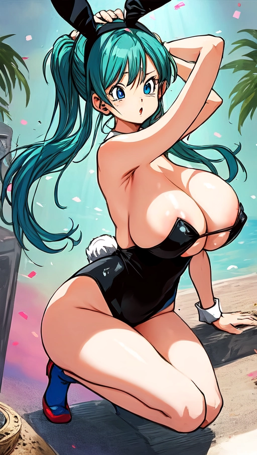 (((Busty Bulma from Dragonball with long hair wearing a playboy bunny costume with gigantic boobs)) (((black one piece strapless swimsuit with blue leggings))) ((small waist and toned stomach)) (((32GGG-28-30 measurements))) (((high definition))) (((oiled skin))) (((shiny skin))) (((gigantic boobs))) (((maximum sized boobs))) (((huge nipples))) (((sagging boobs))) (shaved pussy) (((best highlights))) (((dimly lit room))) (((soft filter))) (((eyes in focus))) <lora:female ejaculation:1>