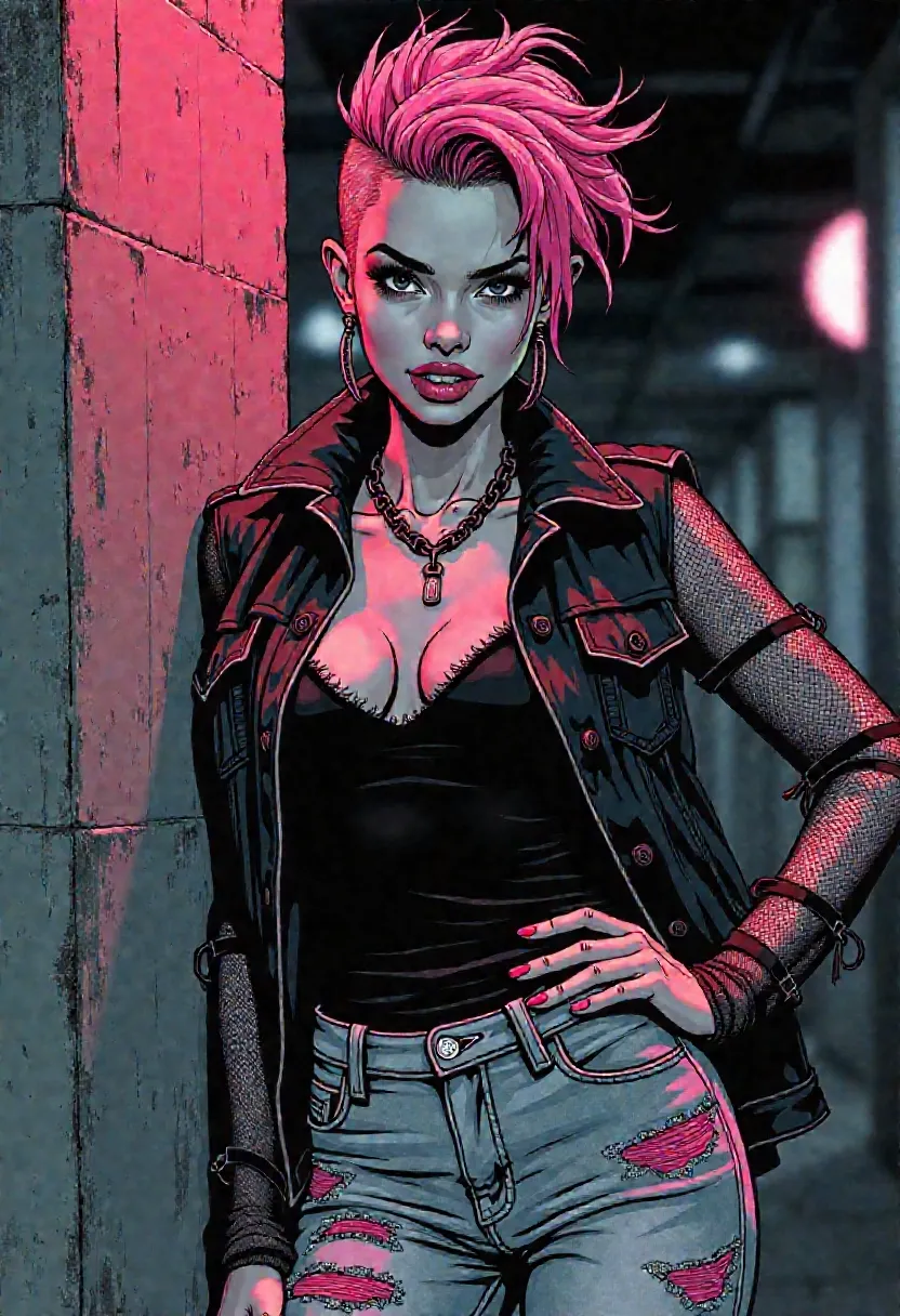 Abbi Rose, petite punkrock girl caught between Disney rehab and dive bar sainthood, styled like a graphic novel protagonist with raw vector ink edges and defiant linework
gaunt frame with loud posture, crazed fauxhawk in faded magenta, short on the sides, choppy pixie-tufts up top like static in motion, face expressive and wired, open-mouthed grin with feral charm, eyes wide and mascara-blown, neon-pink lip gloss like candy shell over bruised attitude
gray fitted tanktop beneath a long-sleeved fine mesh fishnet shirt, black denim vest layered on top with jagged hand-sewn pink roses stitched down the chest like stitched-up heartbreak, arms thin and tense, hands fidgety
lower half dressed in violently tattered acid-washed jeans, ripped wide at the knees and frayed like a public meltdown, black tights underneath barely holding it all together, feet in obnoxious platform Converse with neon laces and painted slogans, the kind of shoes that should be illegal
shot waist-up in stylized framing, pose casual but charged, body tilted off-axis, one hip jutting as if daring the camera to blink, punk club interior behind her layered in grime and sticker walls, expression says she’s about to ruin your night and steal your lighter doing it