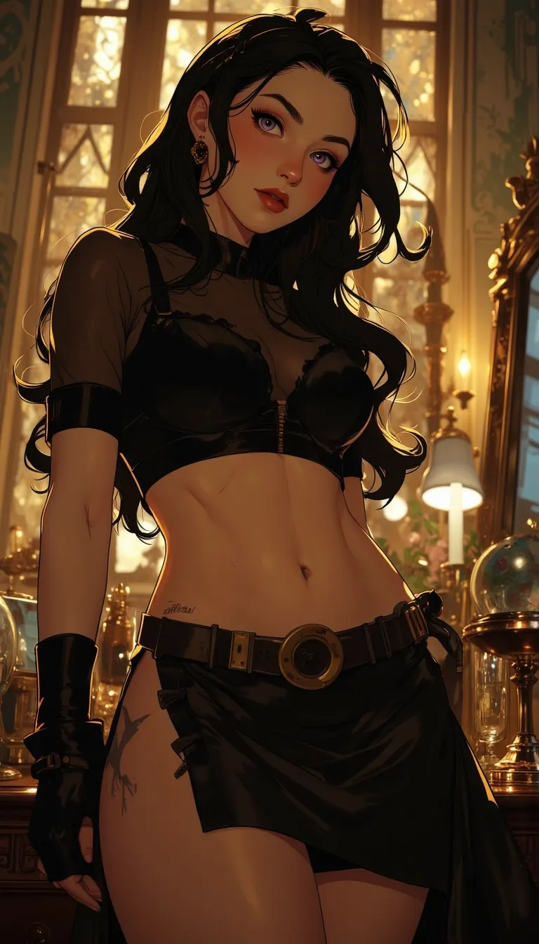 Anime style. 1boy, Serena, SerenaRH, very long straight black hair, brown eyes, gorgeous lips, dark lips, medium perky breasts, perfect body, large hips, fit body, thick thighs, 1g0r, Dutch angle, earrings, elegant, makeup, fancy party room, indoor, golden details, dramatic light, face closeup, parted lips, makeup, abs, solo, parted lips, shiny skin, sweat, brown hair, toned, brown eyes, big breasts, braid, muscular male, black hair, long hair, looking at viewer, indoors, easynegative, FMAB_Envy, 1boy, solo, long hair, black hair, purple eyes, slit pupils, headband, crop top, bare shoulders, midriff, gloves, fingerless gloves, skirt, side slit, bike shorts under skirt, bike shorts, toeless legwear, leg tattoo, 1femboy, on knees