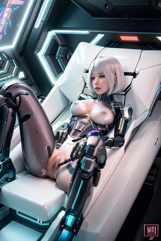 a digital painting of lucyna kushinada from cyberpunk naked in a spaceship, <lora:dpmg_scifi:0.6>, <lora:dpmg_translucent_skin:0.9>, <lora:dpmg_black_see_through:0.6>, athletic, natural breasts, small tits, saggy tits, 20, blue eyes, (white hair:1.2), bangs, short hair, bob haircut, angled bob haircut, five fingers per hand, beautiful face, pretty face, small mouth, thin lips, curved eyebrows, peaceful, editorial, pixiv, 8k, natural lighting, (german:0.4), (korean:1), (japanese:0.6), wet pussy, lucy from cyberpunk, (cyborg:0.4), (cyberpunk:1), (robot skin:1), (nude:0.8), nsfw, (robot body:0.4), pink eyeliner, skinny, (muscular:0.2), crotchless, vagina, realistic pussy