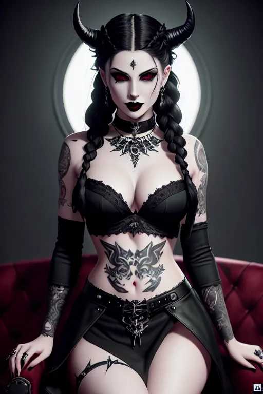 a illustration of,an devil,wearing goth clothing,kneeing,five slender fingers,braids hair,charming face,beautiful lips,green eyes,curved eyebrows,pale skin,joyful,tattoo,studio lighting,editorial,cgsociety,unreal engine,8k