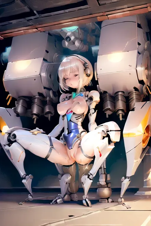 <lora:dpmg_mechanical_parts:1> (reelmech:1.5), pretty 1girl, platinum blonde hair, medium breasts, Battlefield background, naked nude, spreading legs, Pussy dripping, wet body, Sex,