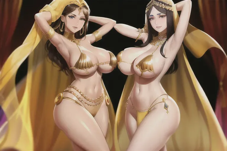 A couple of arab young women dancing topless in the middle of a crowded bazar in Morocco dressed as concubines with silk clothing, surrounded by arab dressed people, golden chains, bracelets, veils, tanned-skin, big boobs, wide hips, nice thighs, brunette, golden eyes, sexy smirk, barefoot