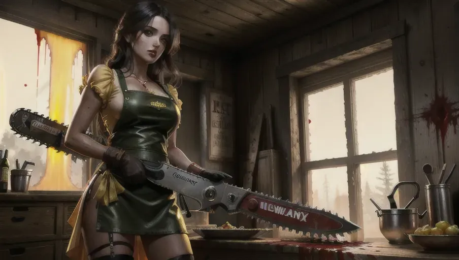sexy woman, european brunette with green eyes, fertile, sexy , holding bloody chainsaw , chainsaw visible foreground , dressed in a yellow butcher s apron, yandere woman, blood stained face clothes, unreal engine,professional,pixiv,cinematic lighting,highly detailed