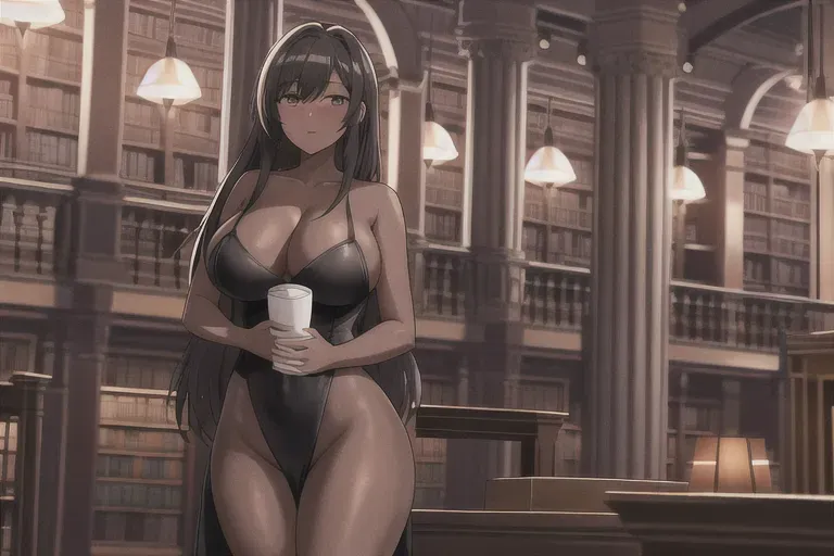 photograph, 20 year old, a maiden, thicc, naked, black, library, night, indoor lights, surprised, 8k, professional