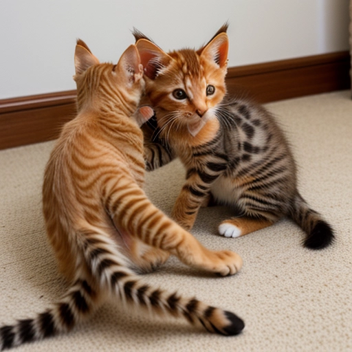 2 kittens, orange tabby kitten playfully wrestling with his sister tortoise-shell kitten