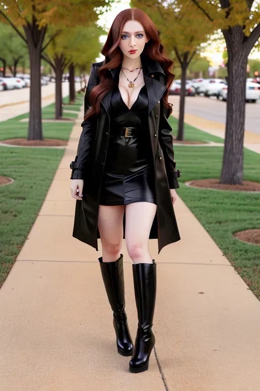full body, chestnut hair, green eyes, short girl, black miniskirt, black high heel boots, red trench coat, looking at viewer, long hair, pale skin, black necklace, black blouse, 24 years old, giant breasts, cute face, pov, wavy hair, city environment, Oklahoma City