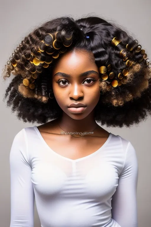 Headshot, A stunning cute beautiful Nigerian teenage supermodel, long curly hair, (((huge round eyes)))