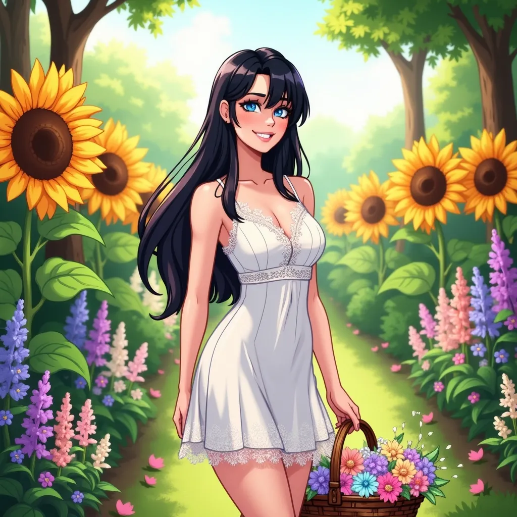 "Create an image of a stunning, 25-year-old young woman standing in a lush, sun-drenched garden on a warm summer day. The model should be dressed in a flowing white sundress with intricate lace details at the neckline and delicate floral patterns adorning the hem. Her long, dark hair should be loose and cascading down her back, with a few stray strands framing her heart-shaped face.
Her eyes are bright blue and sparkling with a radiant smile that showcases perfectly aligned teeth. She has a slender yet athletic build, standing confidently with one hand on her hip and the other holding a wicker basket overflowing with freshly picked flowers.
The background of the image should be teeming with vibrant colors and lush textures, featuring an assortment of blooming wildflowers, verdant foliage, and towering sunflowers that stretch towards the sky. The overall atmosphere should exude warmth, serenity, and carefree joy, capturing the essence of a perfect summer day.
In terms of composition, place the model at the center of the image, with her gaze directed upwards towards the vibrant flowers above. Use a shallow depth of field to emphasize the subject's beauty and blur the background slightly, creating a sense of intimacy and isolation.
The color palette should be predominantly pastel-hued, with shades of pale pink, lavender, and mint green dominating the scene. Accentuate the model's features with subtle golden highlights, giving her an ethereal glow that complements the soft colors around her."
This prompt aims to evoke a serene and idyllic atmosphere, capturing the beauty and vitality of the young woman in the midst of a stunning natural setting.