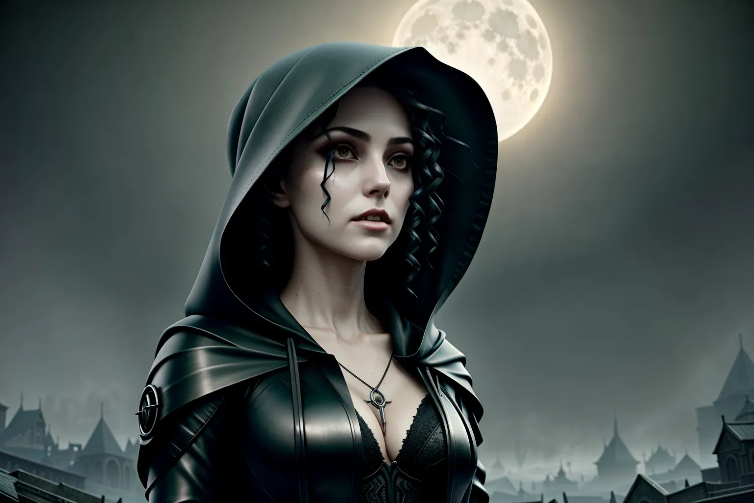 a concept art wide shot of (Emily Hampshire)(completely accurate face)(glaring eyes)(Cruel facial expression), (as a Lovecraftian necromancer)(Eldritch),<lora:dpmg_upshirt:0><lora:dpmg_crazy_expression:1>, full body, under a full moon in a abandoned necropolis(tentacled horrors in the sky)(thick low fog covering the ground)(levitating off the ground),(wearing Long Sorceress hooded chitinous robes)(Runic Symbols)(green eyes)(sash)(Bedlah)(radiating dark Shadow Magic around hands),(skinny slender athletic physique)(wind swept)(long wispy hair tendrils sides),(Dancing pose with hands in the air)(very tiny perky breasts), five slender fingers,beautiful face,beautiful lips,detailed large eyes,curved eyebrows,cgsociety,natural lighting,professional,editorial, (oily skin glistening)(bokeh)