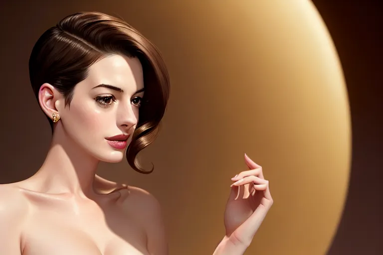 a digital painting of,anne hathaway,naked,dancing,at the party,small breasts,five slender fingers,undercut hair,charming face,beautiful lips,brown eyes,curved eyebrows,curved eyelid,peaceful,wearing golden ring,cgsociety,surreal,smooth,sharp focus,8k