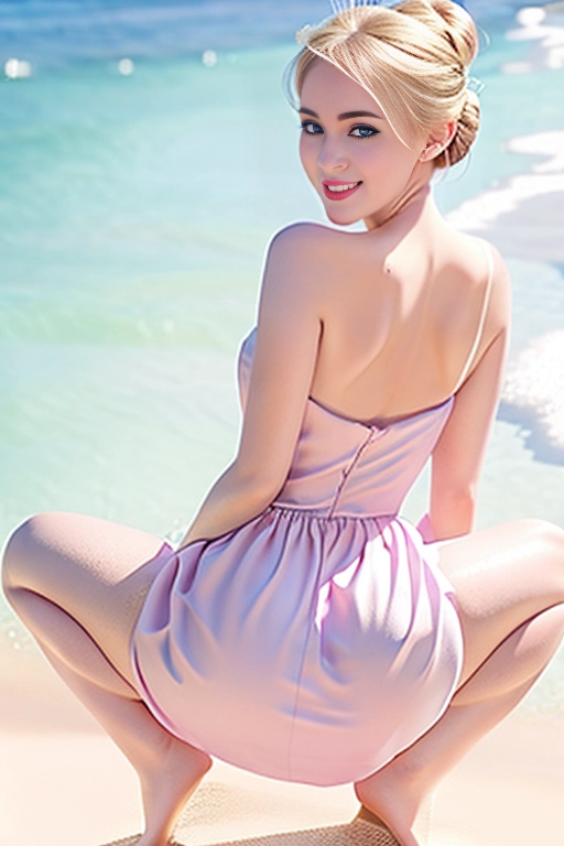 Disney princess, slender,skinny, blonde hair up in a bun, sexy blue eyes, soft cheeks, full lips, happy smile, curvy, small breasts, thin waist, full ass, half naked, pink dress, wind blowing dress, fucking, pussy, aroused, pink butt plug, cum dripping, squatting,facing the camera, looking at the camera