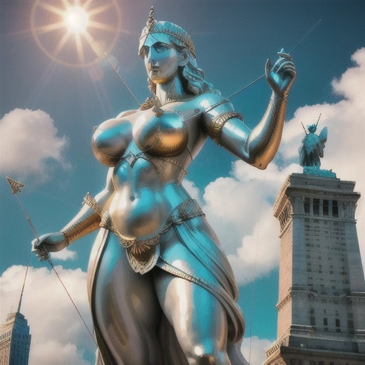 low-angle perspective of a colossal, 1000-meter tall statue of a female archer, majestically dominating the New York City Harbor. Crafted from gleaming white marble and accented with intricate bronze details, the statue grandeur is enhanced by the dramatic lens flare emanating from behind her, her buxom physique largely exposed, emphasizing her giant enormous gravity-defying breasts