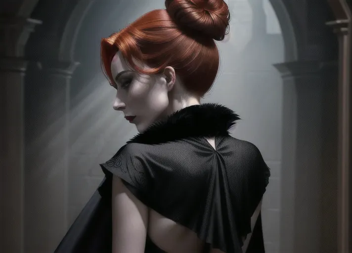 an older distinguished short black-haired masculine Dracula with very high collared cape, embracing Beautiful elegant auburn haired in a low bun Queen Anna of Arendelle in green portrayed by Willa Holland deeply hypnotized and enthralled, fingering recent bitemarks on her neck from behind kissing her neck. PHOTOREALISTIC.