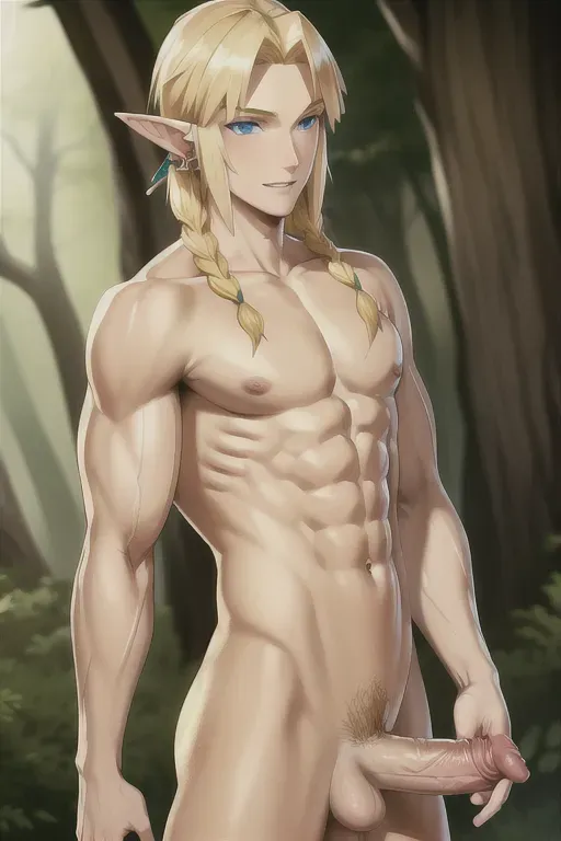 Hylian, young male, blonde hair, long ears, ear piercing, woods, naked, muscular, large penis