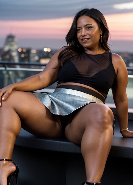 a photo of a beautiful, curvy middle aged woman with thick ass, milf, slim waist, flat stomach, wearing a (slutty skirt) and a sheer-style see-through top and high heels on a night out, no bra, gorgeous, sitting at classy roof-top bar, late night, dark moody lighting, close up sitting with legs wide open, pussy showing, ((full body photo)), (candid panty peek), (sneaky upskirt), glimpse of panties, shiny skin