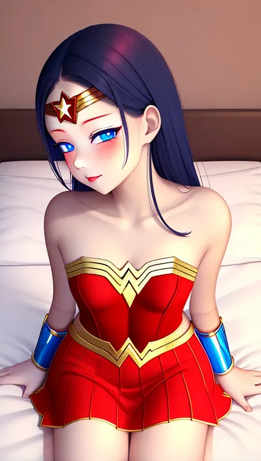 Beautiful Wonder Woman in red and gold wonder woman costume with blue skirt with loving soft smile and mini skirt. huge round blue eyes, Love hotel background, soft bed. Soft chest, soft lips, kissing lips, exposed shoulders, comforting, petite