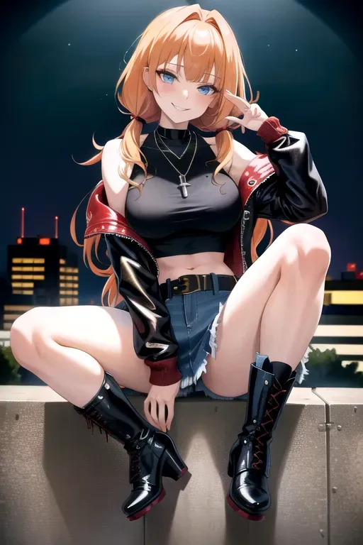 full body, strawberry blonde hair, hazel eyes, short girl, denim miniskirt, black high heeled boots, looking at viewer, long hair, pale skin, silver necklace, black crop top, 24 years old, giant breasts, cute face, pov, wavy hair, city environment, Oklahoma City, wide eyes, erotic, skirt tug, leather jacket, nighttime, black backpack, slim body, low pigtails, sitting on wall, smiling