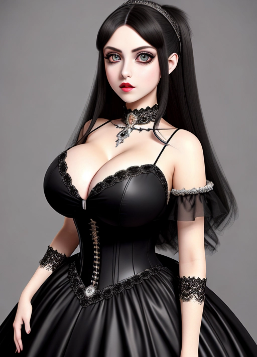 Cute Italian girl, simple grunge makeup, pale colored eyes, big wide eyes, black hair, big lips, high riding huge boobs, gigantic tits, midieval noble lady, full length ball gown, photorealistic, best quality, ultra high resolution