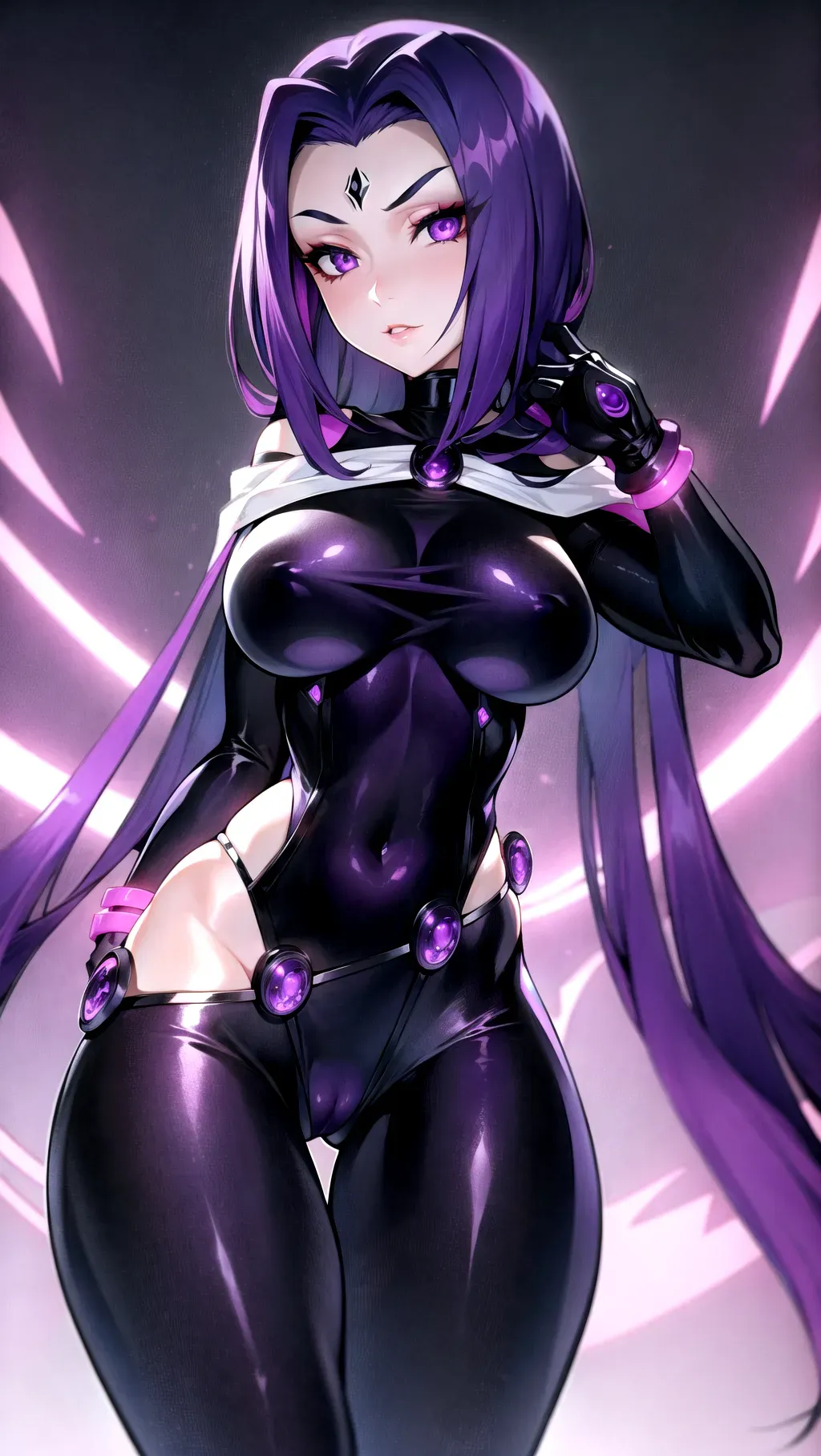Raven DC, purple hair, purple eyes, global lighting, breasts,((masterpiece)), 8k wallpaper, high quality