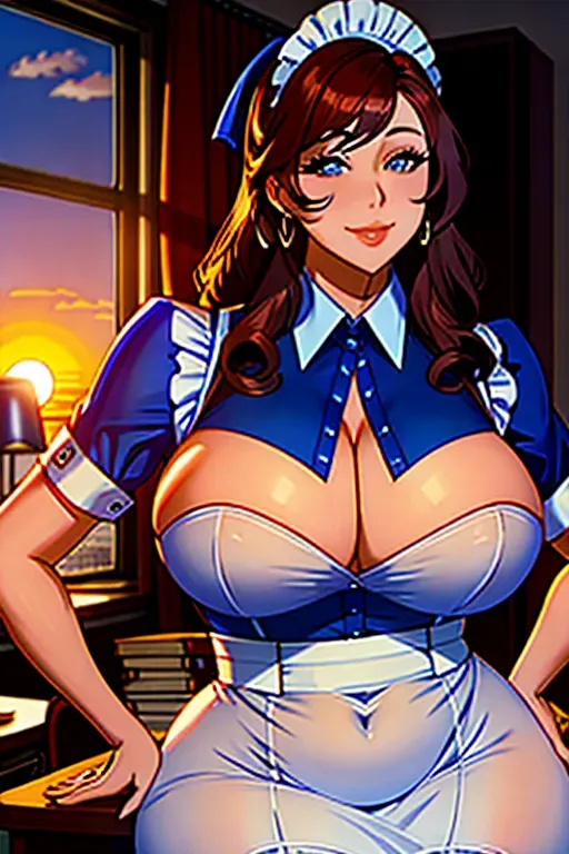 wide shot, 25 year old, a pornstar girl, thicc, maid clothes, blue, study room, sunset, studio light, happy, 8k, professional