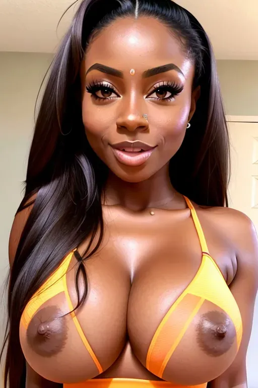 high quality, beautiful woman, massive tits, dark skin, huge eyes, horny expression, long hair, makeup, yoga clothing,