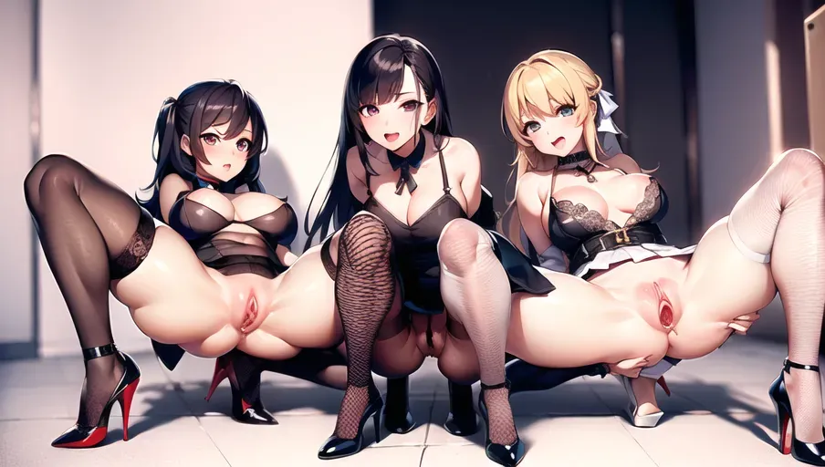 multiple girls,3girls,(masterpiece, high quality:1.2),pussy, girls sucking dick, girls deepthroat, girls blowjob, ((squatting)), (high heels), ((legs spread)), (((pussy exposed))), ((facing viewer)), legs wide open, black fishnet leg wear
