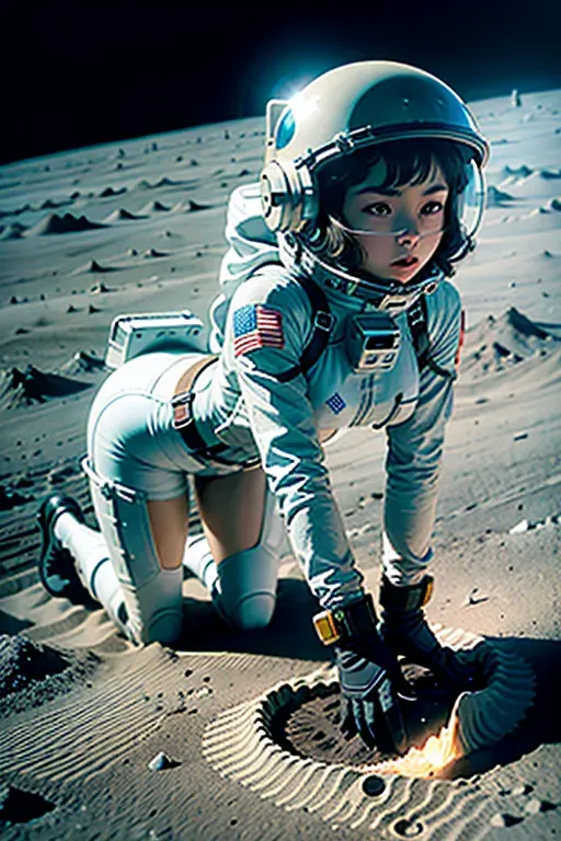 Running on the moon in the vastness of space, weightless steps, the lunar surface beneath their feet, the bra spacesuit shimmering in the sunlight, the helmet reflecting the brilliance of the distant stars, the earth suspended like a blue and white gem in the cosmic tapestry, leaping with grace and awe in the low gravity of the moon, feeling the thrill of exploration and discovery surrounded by the silence of the void, the blackness of space stretching endlessly around her, the rugged lunar landscape spreading out in all directions, footprints leaving a trail on the pristine lunar soil