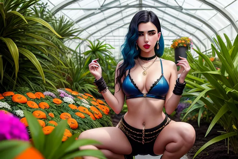 a oil painting of,dua lipa,wearing halloween clothes,squatting,in a lush greenhouse,small breasts,five fingers per hand,undercut hair,gorgeous face,beautiful lips,blue eyes,curved eyebrows,curved eyelid,smooth skin,joyful,wearing necklace,bokeh,pixiv,unreal engine,ultra realistic,cgsociety