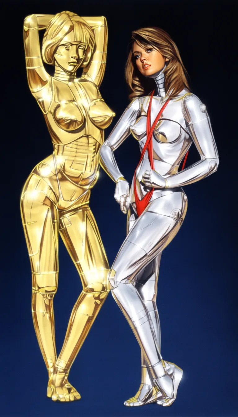 @hajime sorayama,photo-realistic ,detailed shading,
dispersion, caustics,
high detail, realistic, professional, traditional art, shiny chrome texture, shiny golden plates, smooth surfaces, realistic lighting and shadows. minimal light streaks,
concept art, futuristic, sci-fi, robotic, humanoid, female cyborg,
entire head organic, natural face, flesh, very pretty face, half-robot body, part chrome part flesh, polished golden plates, small circuit board inclusions, biorobot, background gradient, complimentary vivid color, glow around body,
1970s
NSFW, erotic, sexual, suggestive, young girl, superfeminine, gynoid, sexy, attractive, medium breasts, slender figure, chrome skin not face, shiny, futuristic, robotic body parts, joints, actuators, (clear border between metal and organic parts:1.5),(visible edge of metal parts:1.5)
very beautiful, detailed portrait, traditional art, hyperrealistic, organic head, natural face, flesh face, hair as separate part, natural hair, strands of hair,
1girl, young girl, robot girl, chrome skin, wine red sling bikini, shiny, detailed, realistic, futuristic, attractive, sexy pose, {@standing relaxed|bending over|leg raised, bent knee|yoga pose|squatting|expressive pose|kneeling|dance-like pose|leaning on the wall}. erotic, suggestive, young, slim, chrome body, shiny, {@head turned|head thrown back|head straight|looking at viewer|elegant turn of head|}, eyes {closed|half-closed|lids shut|wide open}, {relaxed expression|neutral expression|excited expression|seductive expression}, natural hair, {@blonde|brown|auburn|mixed color|dark|shiny black}, {long|short|bobbed|side-cut|mohawk},
detailed anatomy, visible joints, futuristic design, robotic, sleek, polished chrome, high quality, professional digital art, detailed textures, wine-red sling bikini, chrome texture, glowing highlights, realistic lighting, sci-fi concept, attractive young girl, erotic robot, detailed anatomy, shiny surfaces, high detail, professional painting,