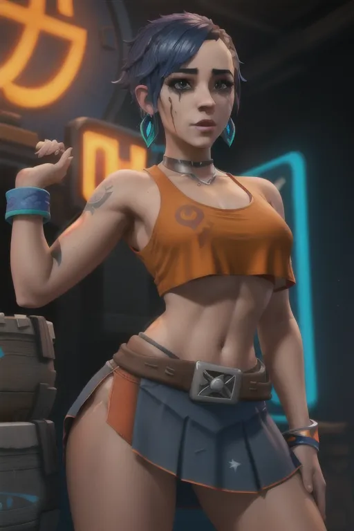 Alizee, standing, extremely short Crop top, small tits, ((underboobs)), fullbody, blue and orange outfit, shirt pulled, up skirt, ((<lora:slap_mark:1>)), dpmg_face_cum_v1, dpmg_runny_makeup_v1, nipples with piercing
