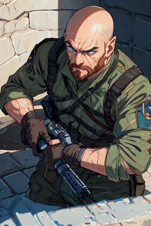 Disney animation, Soldier, commando, French Foreign Legion, Sargent rank, strong, tough, showing muscle for his woman, shaved head, pale skin, angry eyebrows, handsome blue eyes, small nose, strong cheeks, full ginger beard, strong chin, french military field uniform, French military barret, tactical, standing aiming a realistic AR15 rifle, battle, high definition, 4k quality, excellent lighting, great shading, pristine detail, very clear picture, vibrant colors, accurate at lower promp guidence, ultra realistic, five fingers per hand.