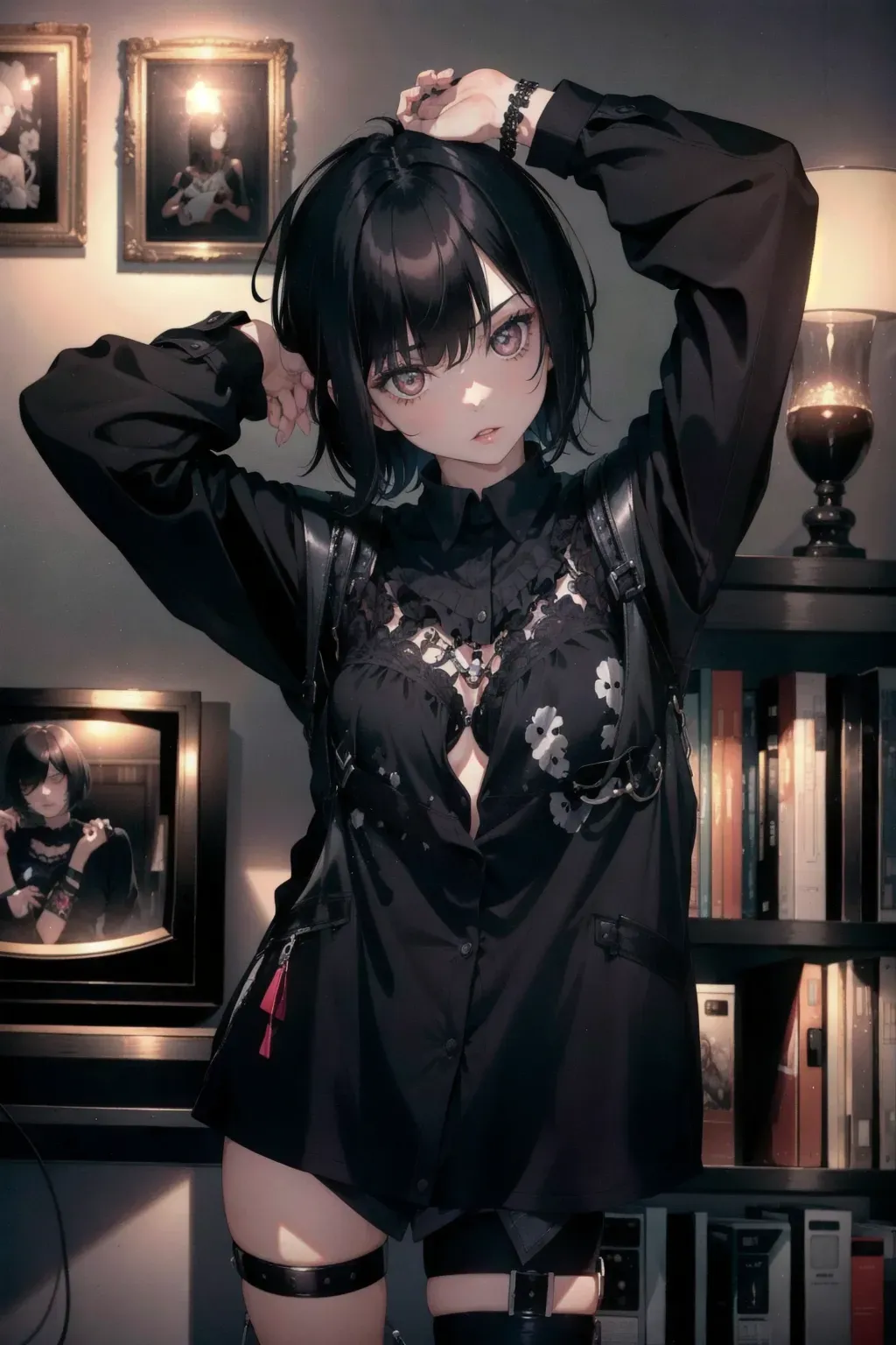 1girl, emo, goth, short black hair, global lighting, ((masterpiece)), 8k wallpaper, high quality