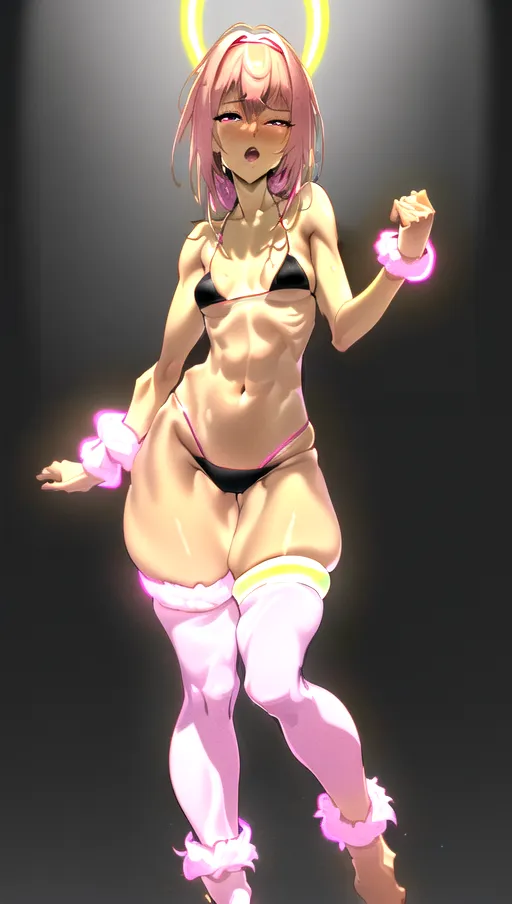 (((thick thighs))), An 8k resolution photo, ((detailed facial features)), ((8k resolution photo)), naked, without clothes, ((see full body)), wide body, thin body, small breasts, ((slim)), slender, tan white skin tone, thick legs, (((background techno rave))), ((lost look with wide eyes)), ((orgasm)), ((18 years old)), (((bikini))), (((fuzzy pink leg warmers)))