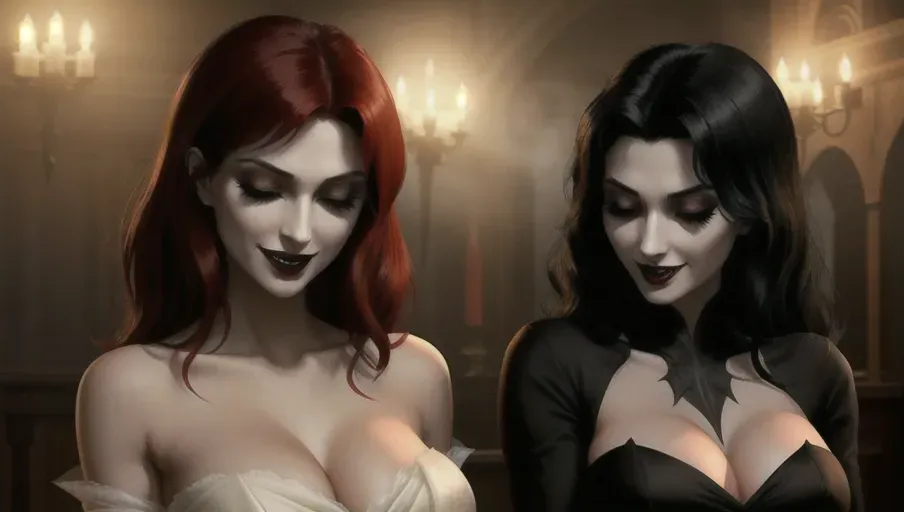 two figures in a dark and foggy goth club, an evil sexy sensual slightly taller dominant female black straight haired vampire woman with a wide toothy predatory smile, taking face of her victim in her hands gazing dominantly into her eyes hypnotizing innocent, light reddish-auburn gentle wavy hair, good girl mid-twenties Anna of Arendelle, relaxed, lips parted, eyes half closed in a modest soft green gown.