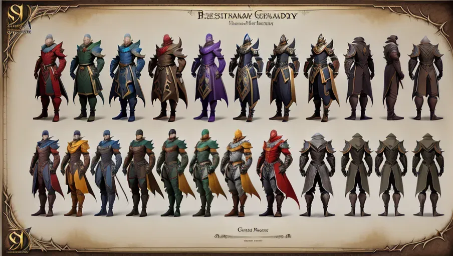 Highly detailed costume, (Video game character design sheet) View from all side character. High quality design masterpiece of ((bestiary style layout page))