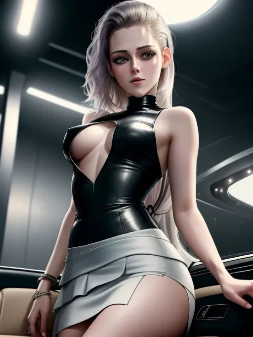 realistic 8k HD photograph, ((((Kristen Stewart))))(((accurate face))),(((getting out of a limousine))),((smirking))(((wearing bodycon minidress)))(((lifting skirt)))(((flashing exposed vagina)))(((upskirt))),((very sexy pose)),(((perky breasts))),(((very slender athletic body))),(((very long layered hair)))((undercut)), five slender fingers, beautiful face, beautiful lips,detailed large eyes,curved eyebrows,cgsociety,cinematic lighting,studio lighting,professional,editorial,<lora:dpmg_upshirt:1>