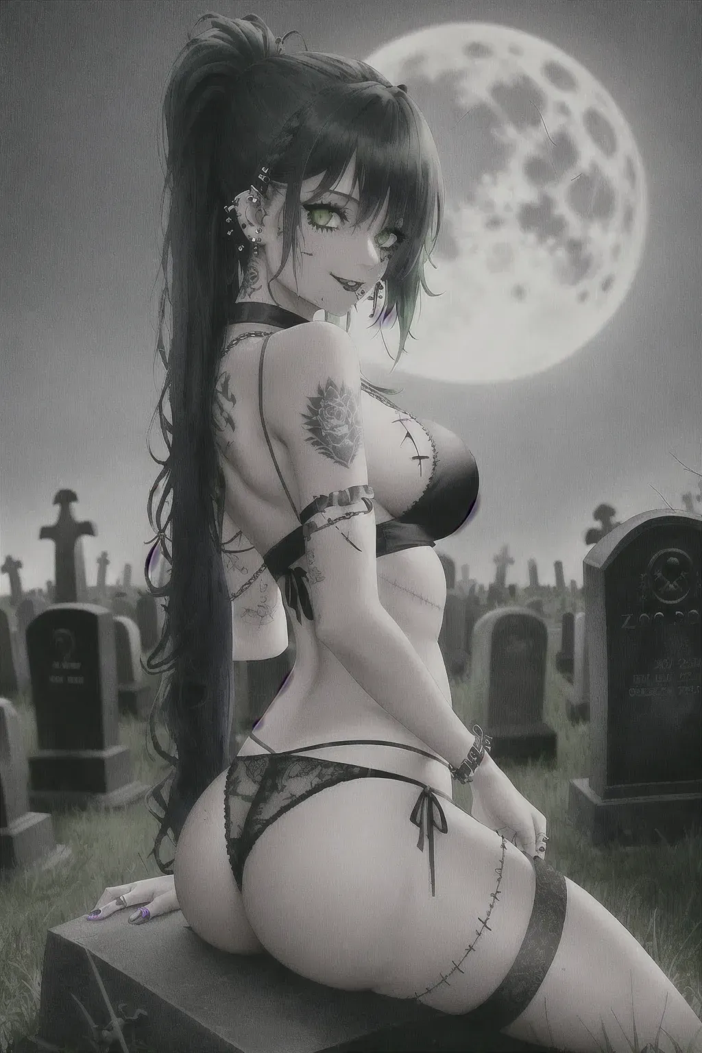 A zombie girl, 20 years old, sexy, green skin, white eyes, moldy green hair, hair blowing in the wind, small breast, barbed wire around arm, (((stitches))), large stitches around arm, stitches on belly, stitches on boobs, black tattoos, ((piercings)), straps, chains, (black sexy goth clothes), laughing, solo, scars, dirty, detailed body, insanely detailed face, graveyard in the background, pov, black panties, cute smile,leaning over a tombstone, looking back at viewer, photo from behind, full moon, dark blue sky, spreading legs, pulling panties aside,