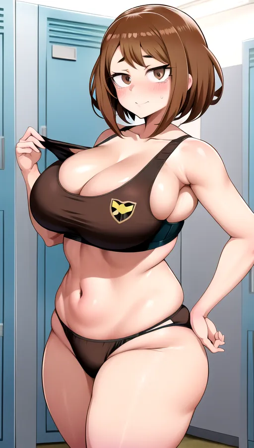 In the art style of my hero academia, 1girl, Ochaco Uraraka, short, sexy, gigantic saggy breasts, huge breasts, short brown hair, brown eyes, locker room, sports bra, thong