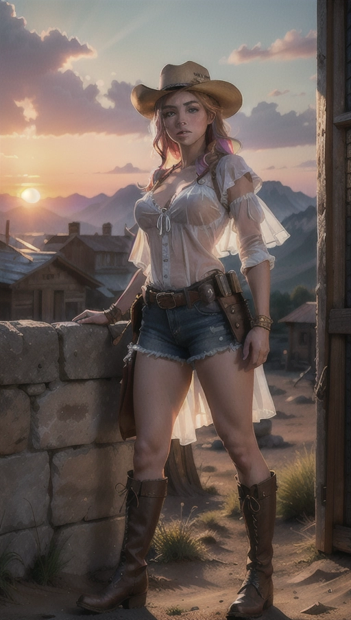((8k, RAW photo, best quality, masterpiece:1.2), (realistic, photo-realistic:1.37), ultra-detailed, full body, 1 girl, solo, detailed old wild west town setting, daytime, beautiful detailed eyes, beautiful detailed lips, extremely detailed eyes and face, ((most beautiful face)), freckles, light on face, cinematic lighting, revealing cowgirl_outfit, nipples, vagina, ((pussy in frame)), hat, boots, 1 girl, full body, see-through clothing, looking toward camera, looking at viewer, outdoors, ((colorful_sunset)) sky)), old west background,
professional lighting, photon mapping, radiosity, physically-based rendering