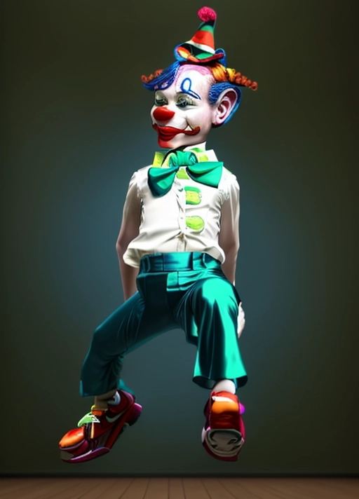 a photo realistic dancing clown ,his face is realistic,the face is anatomically correct ,his hands behind his back ,he is wearing nike running shoes ,his face is a natural skin tone ,he is not wearing white makeup he is wearing a blue silk shirt ,he is wearing a large green bow tie,his shirt buttons are very large
