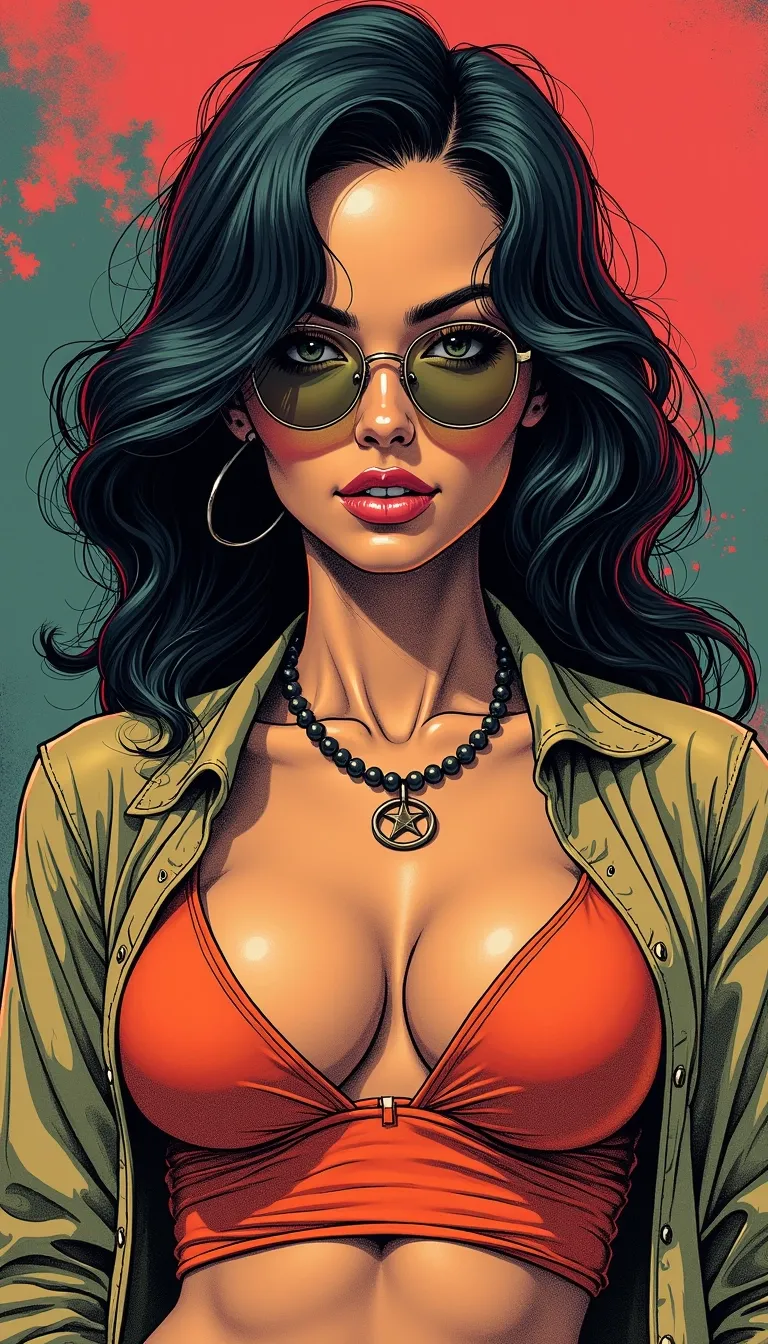 photorealistic and surrealistic film in a comic illustrations style by Mike Deodato, (interesting unique diverse complex character design that is a woman:1.2), (photorealistic detailed face:1.1), (classic stereotypical over tuned retro comics body shape and anatomy),
big variation of colors , smooth pencil brush to create a composition of vivid colors, thick black outlines, flat shading, minimal highlights ,interesting detailed Foreground and background depth are clear giving visual complexity to the scene