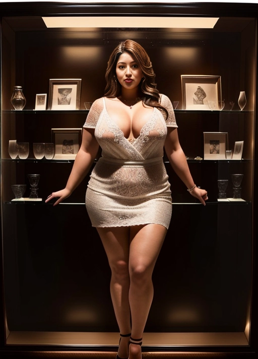 The woman was frozen in time, along with a pair of high heels, (((Dressed casually but provocative))), The woman is Latin American, She is inside a glass display case exposed for sale, The The stage is a white-walled room illuminated evenly with white lights, Despite being overweight, she still looks attractive. The image must show the large figure of the woman inside the glass display case, Your facial expression must be neutral, with your gaze fixed on the camera but without emotions, (((full body view, full body photo))) ), ((full body view)), ((natural big breasts)), (((overweight))), (((realistic))),
Masterpiece,
perfect edges,
realistic,
perfect anatomy,
realistic skin texture