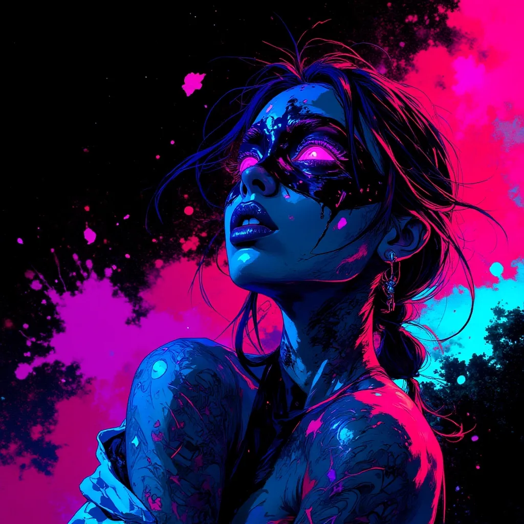 VibrantlySharp style,
animeniji,
3pic_vist4, In a contemporary Japanese ink + neon hybrid style, the camera is side-angled and tight, cutting off one eye and shoulder, angled steeply for intensity. A masked woman with glowing geometric tattoos and dripping violet paint beneath one exposed eye stares toward the light, lips slightly parted. Hair arcs upward as if pulled by static. The background is a minimalist dark gradient disrupted by ink splashes of hot pink and cobalt blue, drifting outward like falling flower petals.