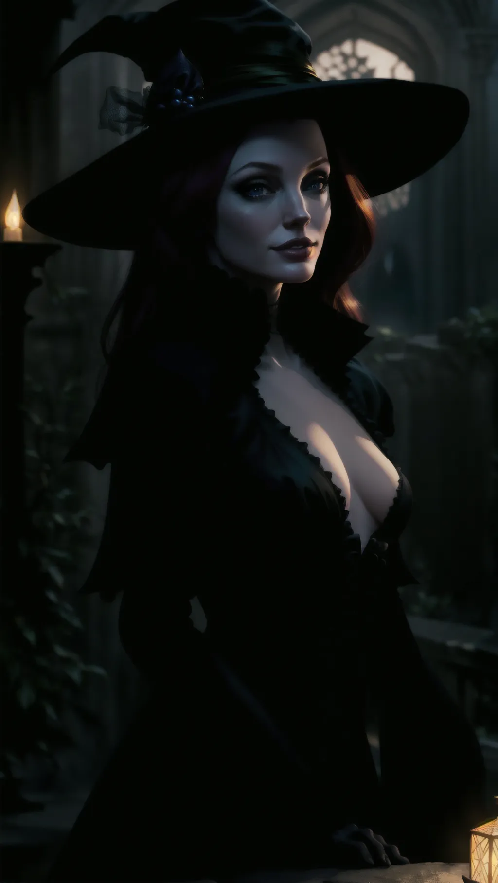 Nighttime gothic portrait of, a beautiful redheaded witch, Angelina Jolie, smiling playfully, wearing a witch hat, behind her is a castle in Transylvania, <lora:dpmg_shirt_pull:1>, <lora:crotchless:1>, tail ruffles, and fishnet stockings, ashen pale skin, lithe body, small breasts, heavy makeup, depth of field, bokeh, photorealistic, film noir, clear skin, pores, matte skin, soft lighting, subsurface scattering, heavy shadow, masterpiece, best quality, 8k, golden ratio, Intricate, film photography, full sharp, cinematic lighting, studio lighting, backlit by blue moonlight