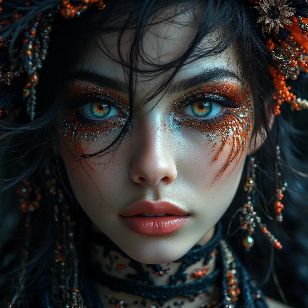 A hyper-realistic portrait of a stunning supermodel, featuring a beautifully detailed face with intricate. The image blends futuristic and traditional elements with a neo mode, avant-garde style, characterized by delicate and sleek lines, vibrant colors, and exquisite details. The modelâs eyes captivate with complex colored irises, while her unique, crazy hairstyle adds to the surreal and mysterious charm. The overall composition is symmetrical and fluid, with an ethereal and timeless aura. The interplay of light and shadow enhances the high-fashion aesthetic, capturing the essence of cyberpunk and folklore in a visually striking and artistic statement, Midjourney_Whisper